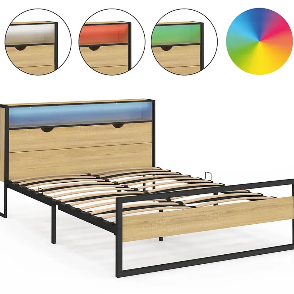 Lit double DETROIT LED intégrés dans la tête de lit et sommier 140 x 190 cm effet bois et métal noir design industriel