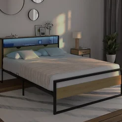 Lit double DETROIT LED intégrés dans la tête de lit et sommier 140 x 190 cm effet bois et métal noir design industriel