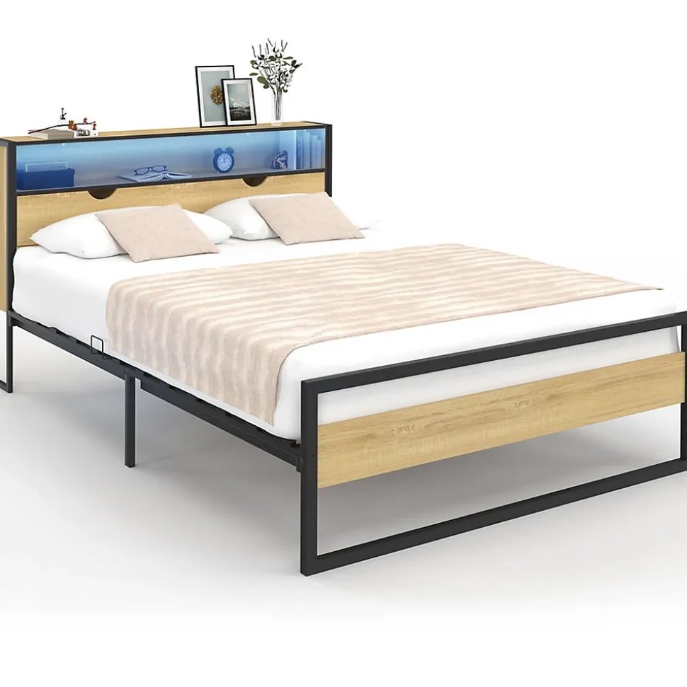 Lit double DETROIT LED intégrés dans la tête de lit et sommier 140 x 190 cm effet bois et métal noir design industriel