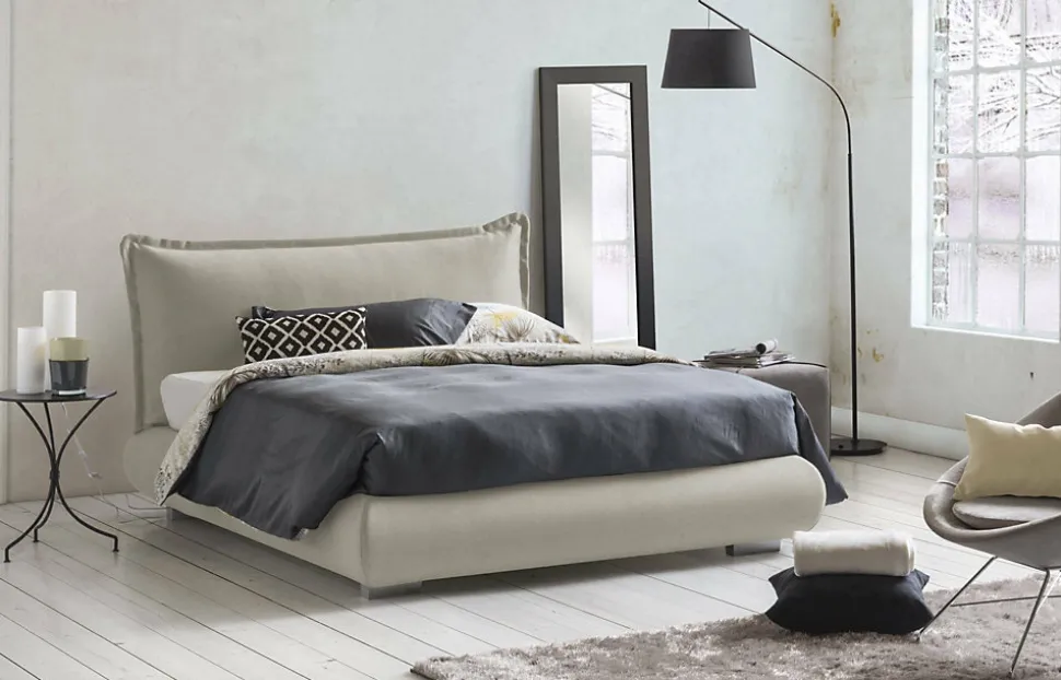 Lit double Dfecci, Lit coffre avec revêtement et tête de lit en tissu, Ouverture frontale, adapté pour matelas 160x190 cm, Beige