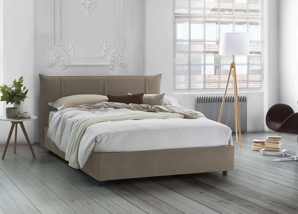 Lit double Dfecci, Lit coffre avec revêtement en tissu, Ouverture frontale, avec matelas 160x200 cm inclus, Taupe