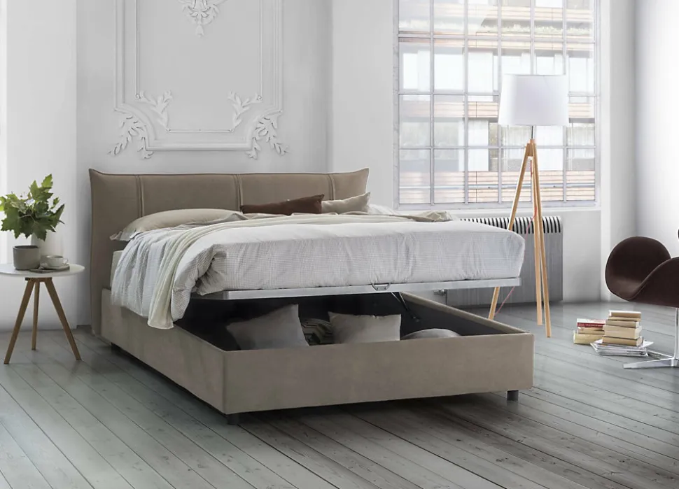 Lit double Dfecci, Lit coffre avec revêtement en tissu, Ouverture frontale, avec matelas 160x200 cm inclus, Taupe