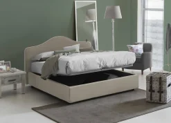 Lit double Djoci, Lit coffre avec revêtement en tissu, Ouverture frontale, avec matelas 160x200 cm inclus, Taupe