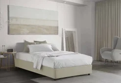 Lit double Dmalizi, Lit coffre avec revêtement en tissu, Ouverture frontale, avec matelas 120x200 cm inclus, Beige