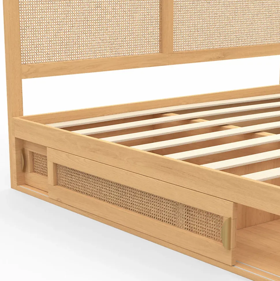 Lit double EDHEN avec rangements + tête de lit effet cannage naturel et sommier 140 x 190 cm coloris bois