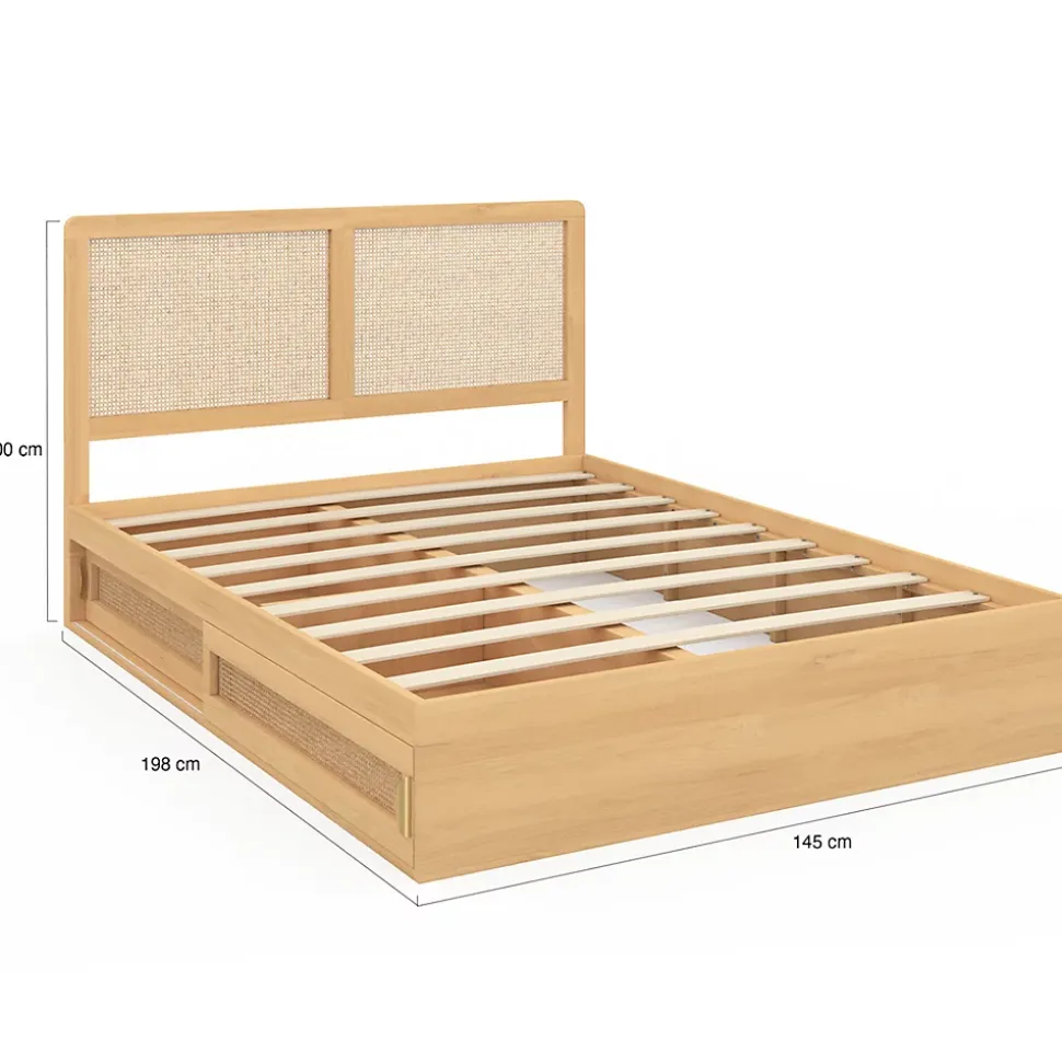 Lit double EDHEN avec rangements + tête de lit effet cannage naturel et sommier 140 x 190 cm coloris bois
