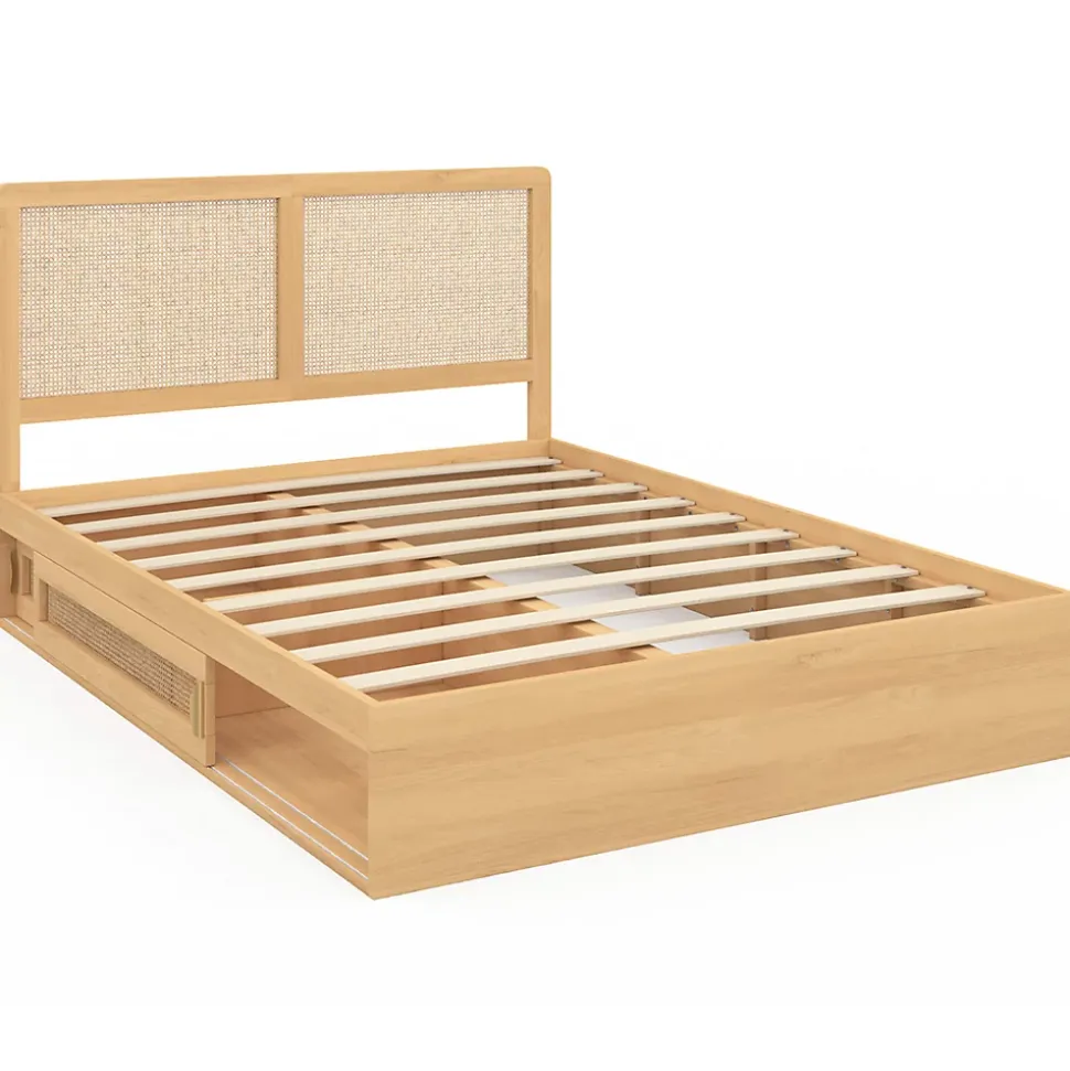 Lit double EDHEN avec rangements + tête de lit effet cannage naturel et sommier 140 x 190 cm coloris bois