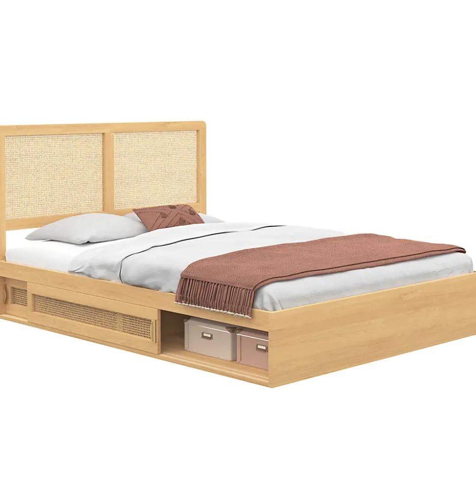 Lit double EDHEN avec rangements + tête de lit effet cannage naturel et sommier 140 x 190 cm coloris bois