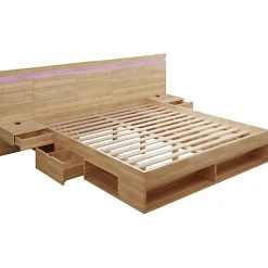 Lit double en bois 180x200cm - avec tiroirs et 2 tables de chevet - Éclairage LED - Ports USB et Type-C - Naturel (sans matelas)