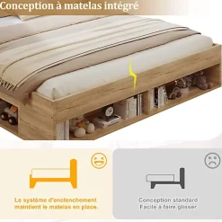 Lit double en bois 180x200cm - avec tiroirs et 2 tables de chevet - Éclairage LED - Ports USB et Type-C - Naturel (sans matelas)