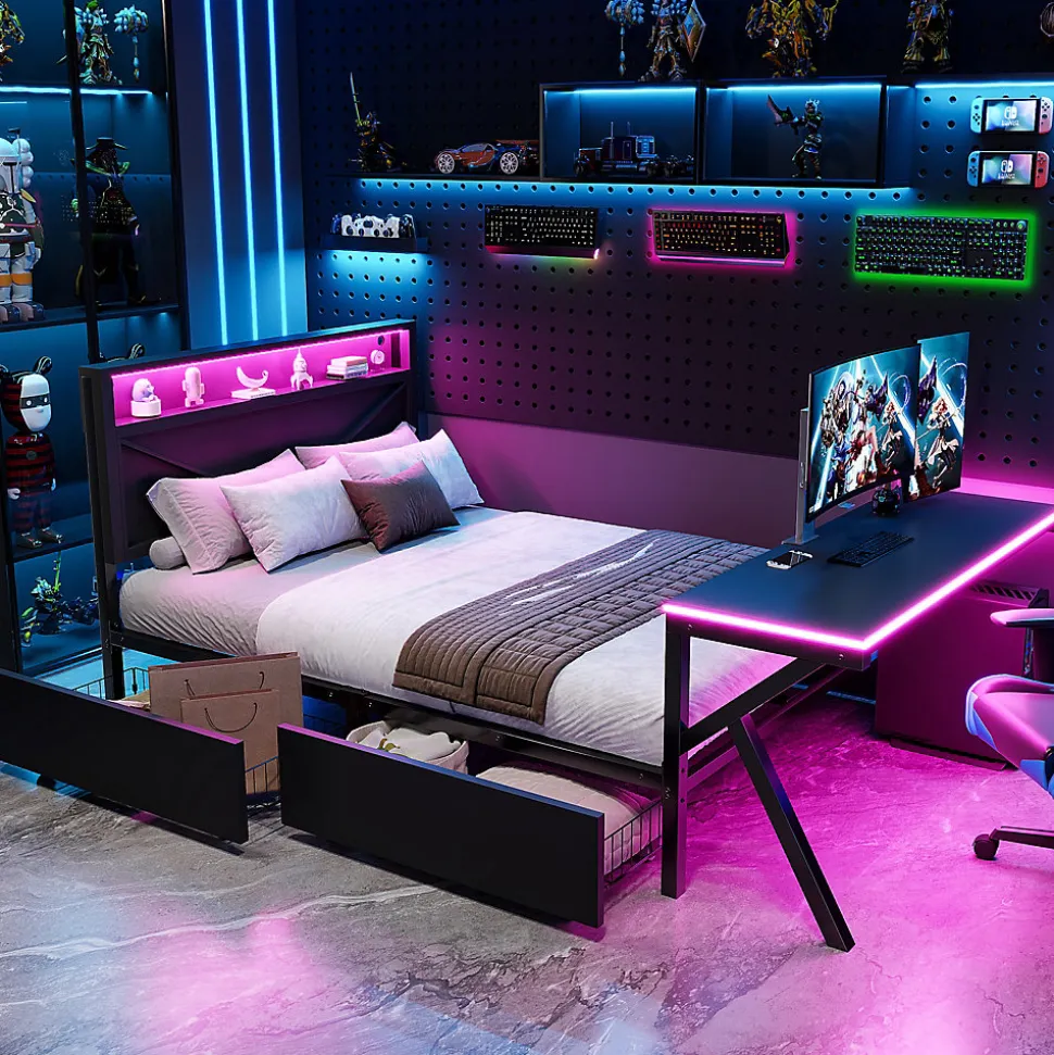 Lit double en métal 140x200cm - avec tête de lit LED - 2 tiroirs et bureau avec éclairage LED - Noir (Matelas non inclus)