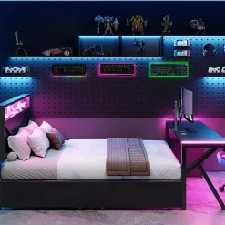 Lit double en métal 140x200cm - avec tête de lit LED - 2 tiroirs et bureau avec éclairage LED - Noir (Matelas non inclus)