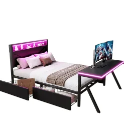Lit double en métal 140x200cm - avec tête de lit LED - 2 tiroirs et bureau avec éclairage LED - Noir (Matelas non inclus)