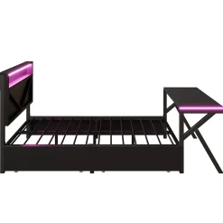 Lit double en métal 140x200cm - avec tête de lit LED - 2 tiroirs et bureau avec éclairage LED - Noir (Matelas non inclus)