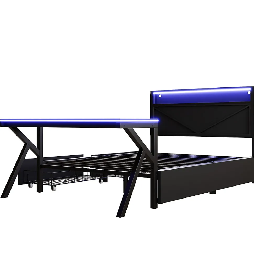 Lit double en métal 140x200cm - avec tête de lit LED - 2 tiroirs et bureau avec éclairage LED - Noir (Matelas non inclus)