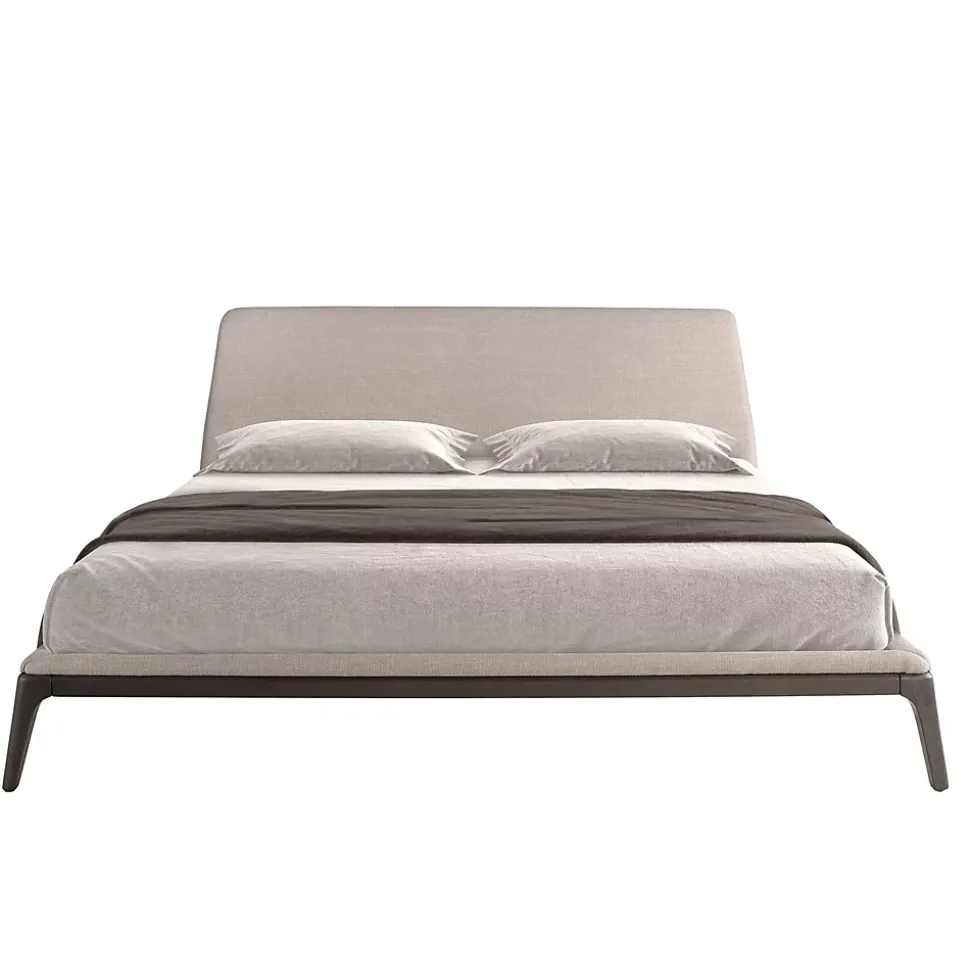 Lit double en tissu gris moderne avec tête de lit originale