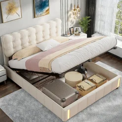 Lit double en velours beige 160x200cm avec rangement hydraulique et lampe sensorielle au pied, confort moderne et lumineux