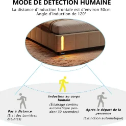 Lit double en velours beige 160x200cm avec rangement hydraulique et lampe sensorielle au pied, confort moderne et lumineux