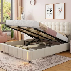 Lit double en velours beige 160x200cm avec rangement hydraulique et lampe sensorielle au pied, confort moderne et lumineux