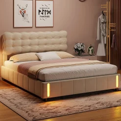 Lit double en velours beige 160x200cm avec rangement hydraulique et lampe sensorielle au pied, confort moderne et lumineux