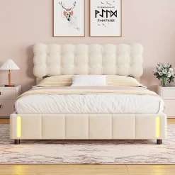 Lit double en velours beige 160x200cm avec rangement hydraulique et lampe sensorielle au pied, confort moderne et lumineux