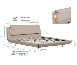 Lit double flottant - Cadre bois recouvert lin beige - LED intégrée, ports USB - 2 places - 160x200 cm