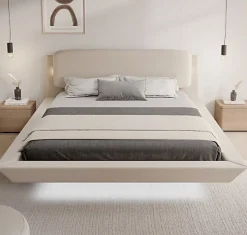 Lit double flottant - Cadre bois recouvert lin beige - LED intégrée, ports USB - 2 places - 160x200 cm