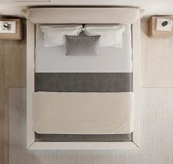 Lit double flottant - Cadre bois recouvert lin beige - LED intégrée, ports USB - 2 places - 160x200 cm