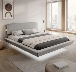 Lit double flottant tapissé - Lin gris - LED intégrée & ports USB - Sommier à lattes - 2 places 150x190 cm