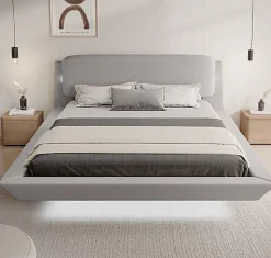 Lit double flottant tapissé - Lin gris - LED intégrée & ports USB - Sommier à lattes - 2 places 150x190 cm