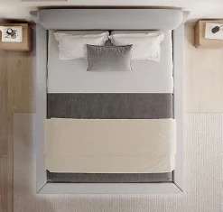 Lit double flottant tapissé - Lin gris - LED intégrée & ports USB - Sommier à lattes - 2 places 150x190 cm