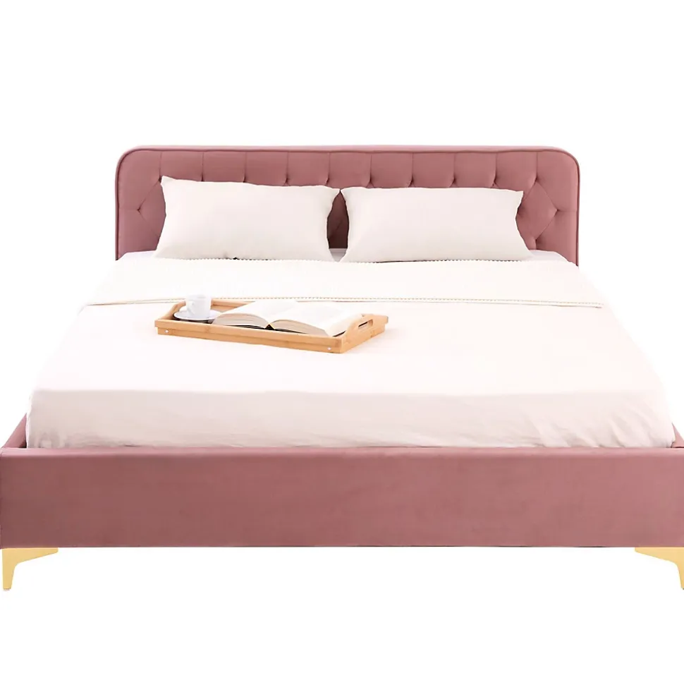 Lit double GLAMOUR, 140x190 cm, capitonné avec sommier, revêtement en velours rose