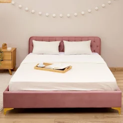 Lit double GLAMOUR, 140x190 cm, capitonné avec sommier, revêtement en velours rose