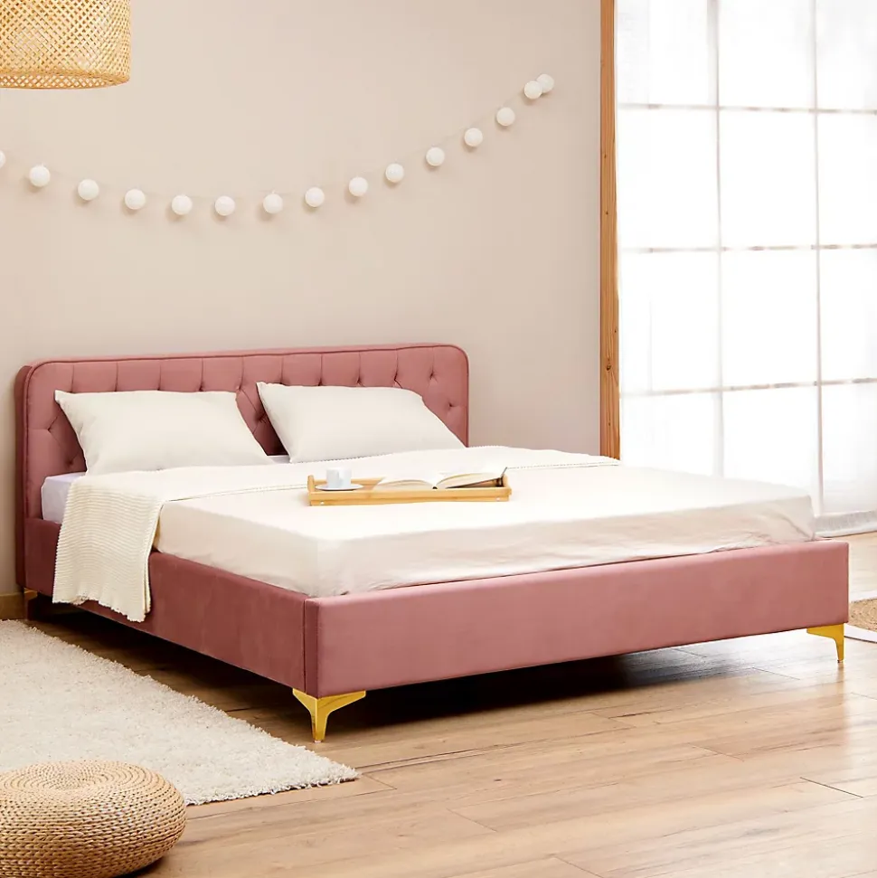 Lit double GLAMOUR, 140x190 cm, capitonné avec sommier, revêtement en velours rose