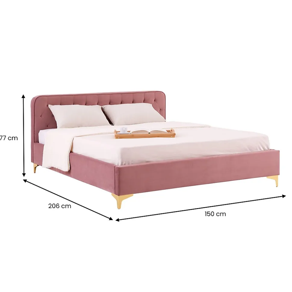 Lit double GLAMOUR, 140x190 cm, capitonné avec sommier, revêtement en velours rose
