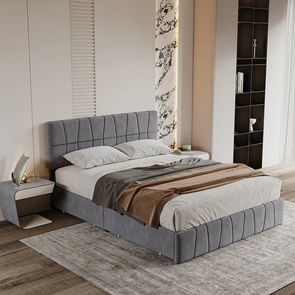 Lit double gris 160 x 200 cm, velours, cadre de lit avec 4 tiroirs, sans matelas