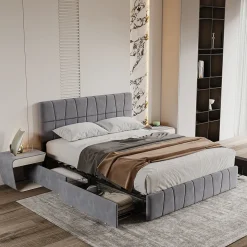 Lit double gris 160 x 200 cm, velours, cadre de lit avec 4 tiroirs, sans matelas