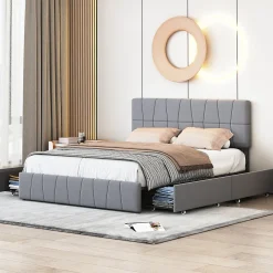 Lit double gris 160 x 200 cm, velours, cadre de lit avec 4 tiroirs, sans matelas