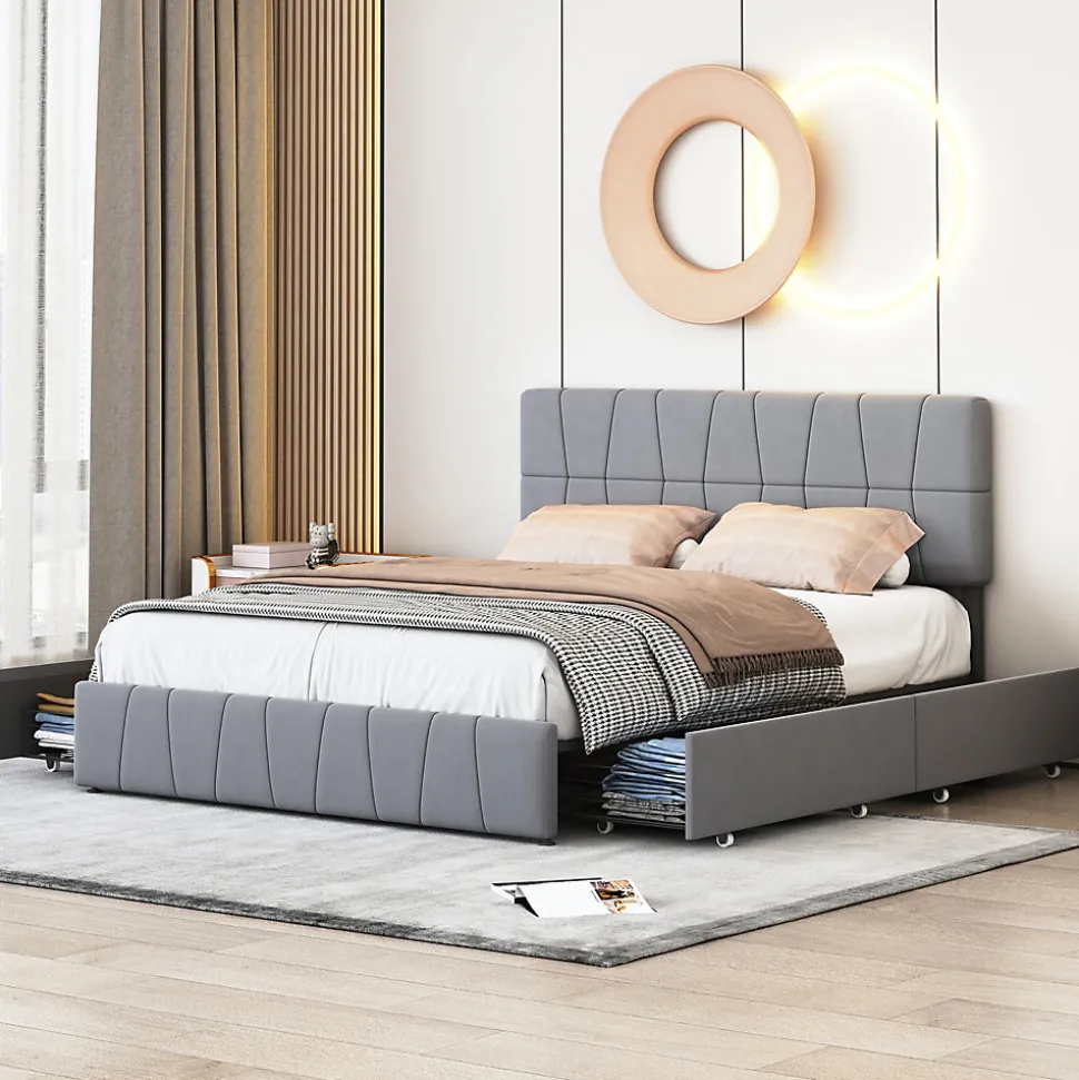 Lit double gris 160 x 200 cm, velours, cadre de lit avec 4 tiroirs, sans matelas