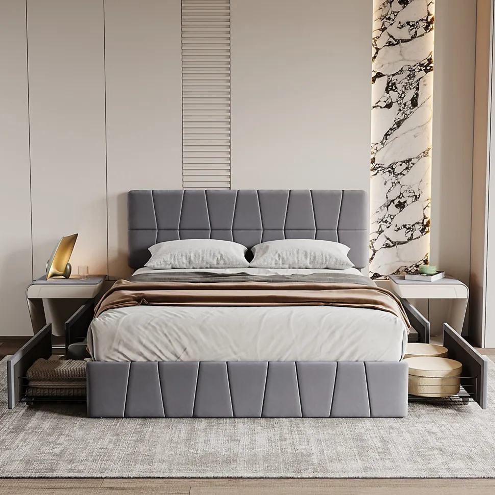 Lit double gris 160 x 200 cm, velours, cadre de lit avec 4 tiroirs, sans matelas