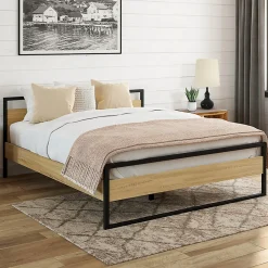 Lit double industriel DETROIT avec tête de lit et sommier 140 x 190 cm bois et métal noir