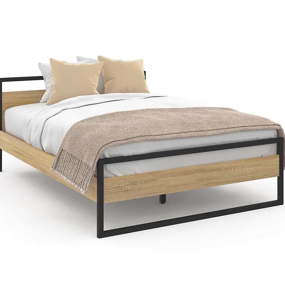 Lit double industriel DETROIT avec tête de lit et sommier 140 x 190 cm bois et métal noir
