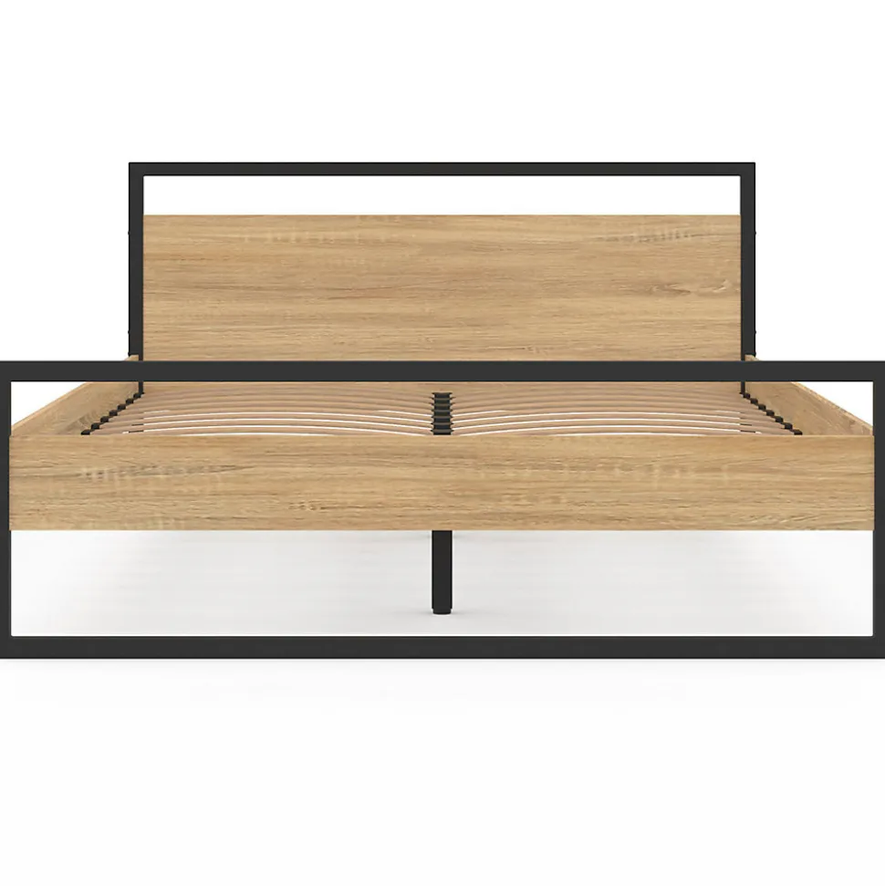 Lit double industriel DETROIT avec tête de lit et sommier 140 x 190 cm bois et métal noir