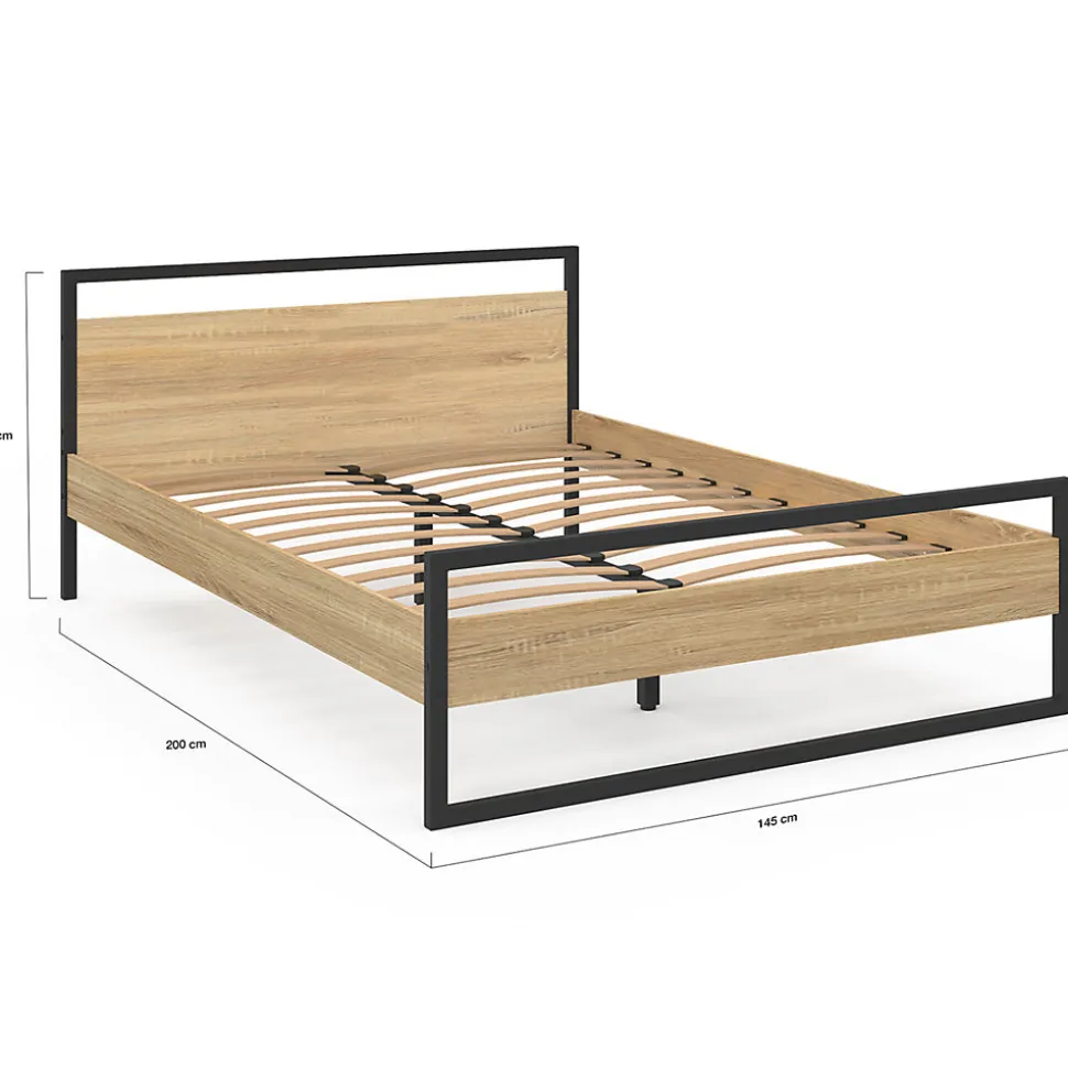 Lit double industriel DETROIT avec tête de lit et sommier 140 x 190 cm bois et métal noir
