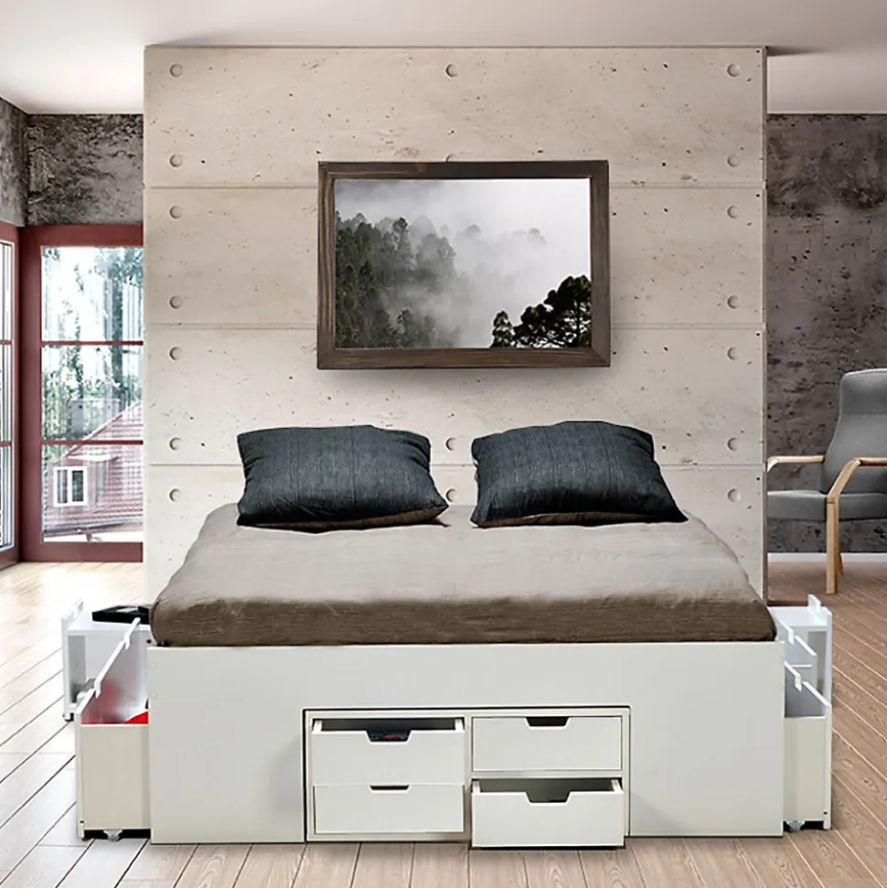 Lit double JAZZ 160x200 7 tiroirs + 2 chevets / Blanc