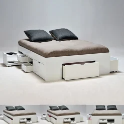 Lit double JAZZ 160x200 7 tiroirs + 2 chevets / Blanc