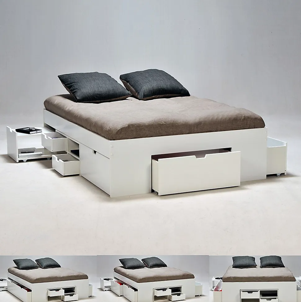 Lit double JAZZ 160x200 7 tiroirs + 2 chevets / Blanc