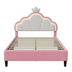 Lit double Lit adulte 140 x 200 cm avec bande lumineuse LED, en cuir PU, rose