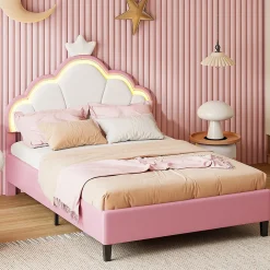 Lit double Lit adulte 140 x 200 cm avec bande lumineuse LED, en cuir PU, rose