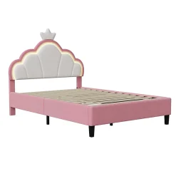 Lit double Lit adulte 140 x 200 cm avec bande lumineuse LED, en cuir PU, rose